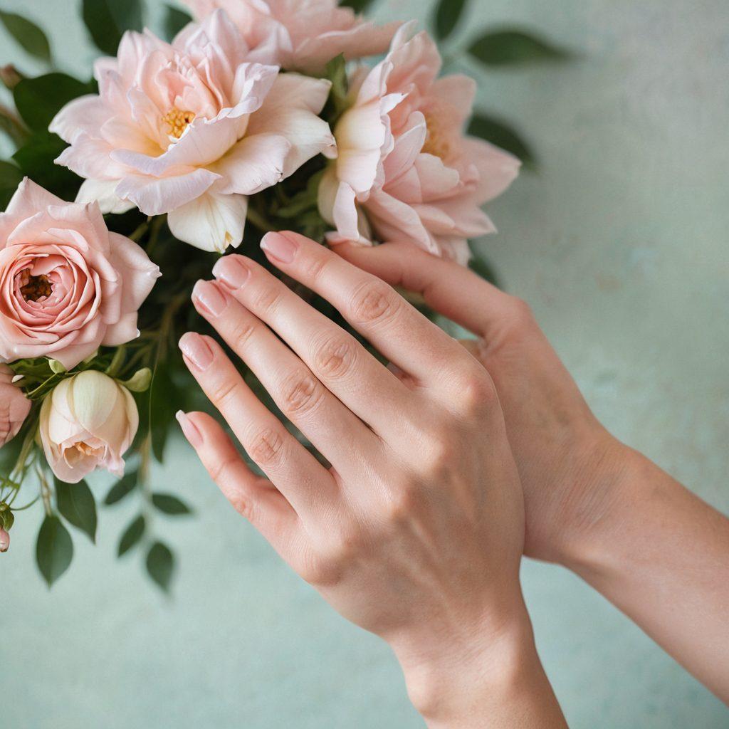 A close-up of two hands gently intertwined, symbolizing intimacy and connection, surrounded by soft, romantic lighting. In the background, subtle silhouettes of a cozy, inviting space hint at the essence of passionate relationships. Include delicate flowers and warm, inviting colors to enhance the mood of sensuality. super-realistic. soft pastels. romantic atmosphere.