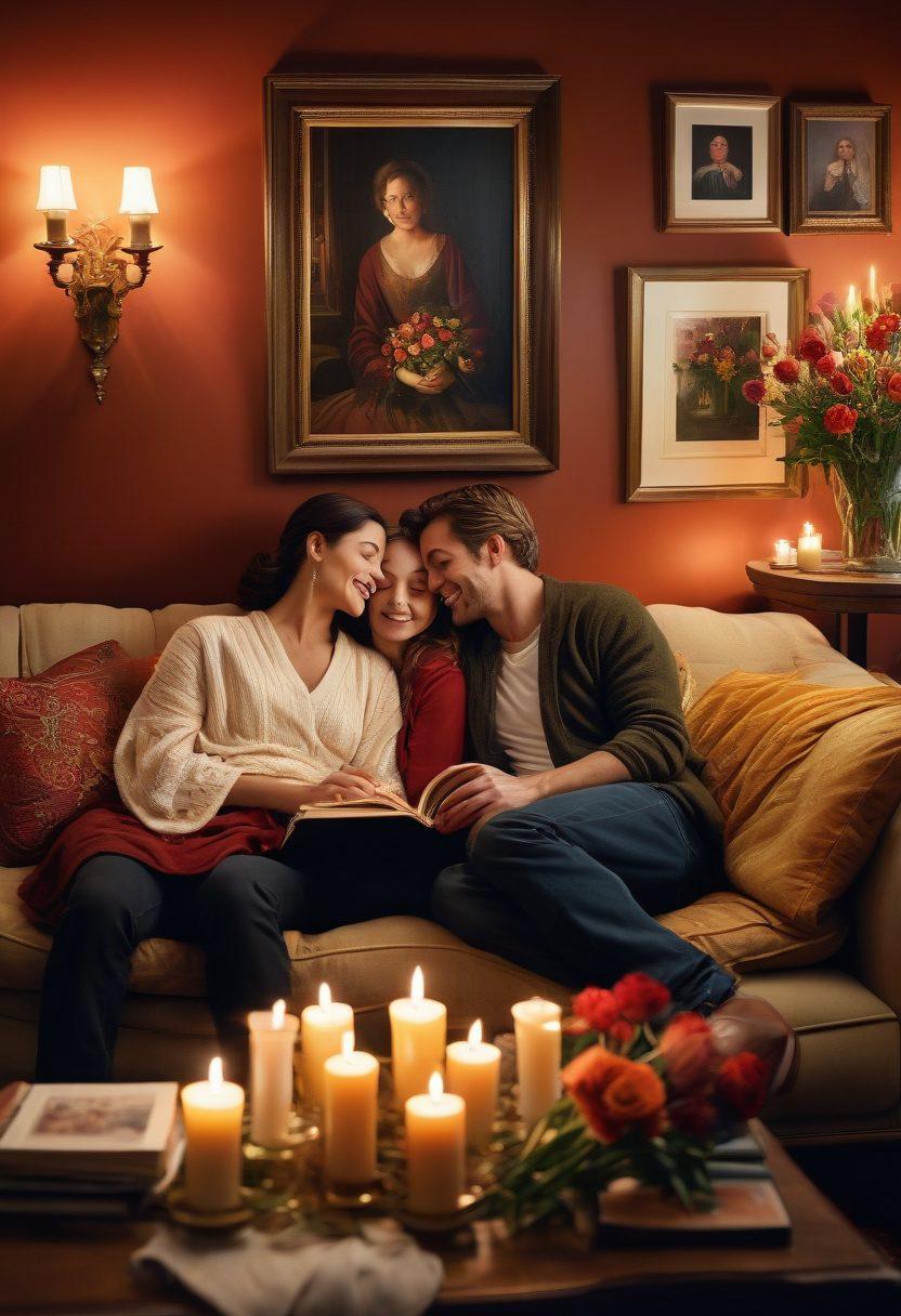 A cozy, softly-lit room featuring a couple sitting close together on a comfortable couch, sharing laughter and a deep conversation. Surround them with elements symbolizing intimacy, like candles, flowers, and personal mementos. Add a gentle, warm color palette to evoke feelings of love and connection. super-realistic. warm tones. intimate atmosphere.