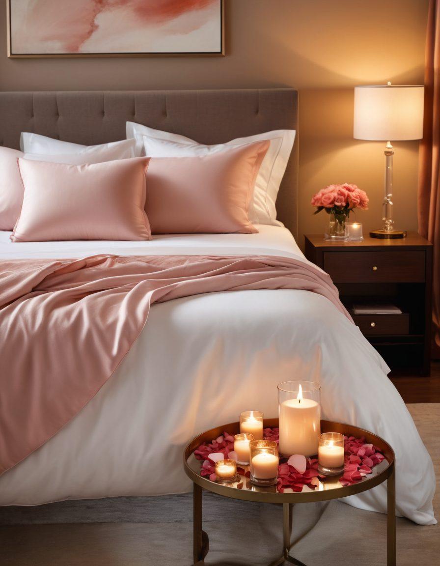 A sensual and inviting bedroom scene, featuring a tastefully arranged bed with soft, luxurious sheets, adorned with subtle rose petals. On a bedside table, a collection of intimate wellness products such as scented candles and oils. Warm ambient lighting creates a cozy atmosphere, while a hint of abstract art on the walls suggests exploration and connection. Emphasize an atmosphere of intimacy and comfort. super-realistic. warm colors. intimate setting.